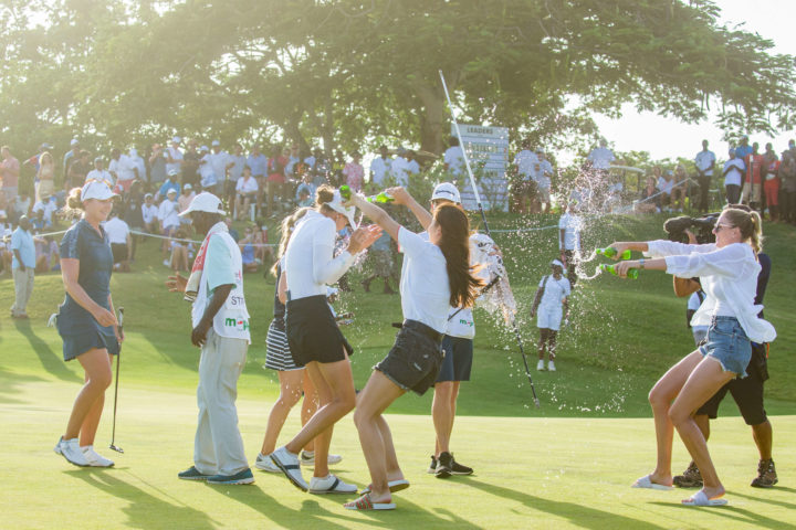 13/02/2022. Ladies European Tour 2022. Magical Kenya Ladies Open, Vipingo Ridge PGA Baobab Course, Vipingo Ridge Mombassa, Kenya. February 10-13 2022. Esther Henseleit of Germany is showered with beer by fellow players following her win. tour news Credit: Tristan Jones/LET