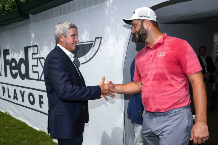 ATLANTA, GA - SEPTEMBER 05: Jon Rahm of Spain is greeted at the first tee by PGA TOUR Commissioner, Jay Monahan, during the final round of the TOUR Championship at East Lake Golf Club on September 5, 2021 in Atlanta, Georgia. (Photo by Chris Condon/PGA TOUR via Getty Images)
