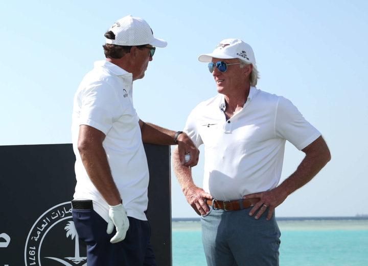 AL MUROOJ, SAUDI ARABIA - FEBRUARY 02: Phil Mickelson of USA and Greg Norman, CEO of Liv Golf Investments interact during a practice round prior to the PIF Saudi International at Royal Greens Golf & Country Club on February 02, 2022 in Al Murooj, Saudi Arabia. (Photo by Luke Walker/WME IMG/WME IMG via Getty Images)