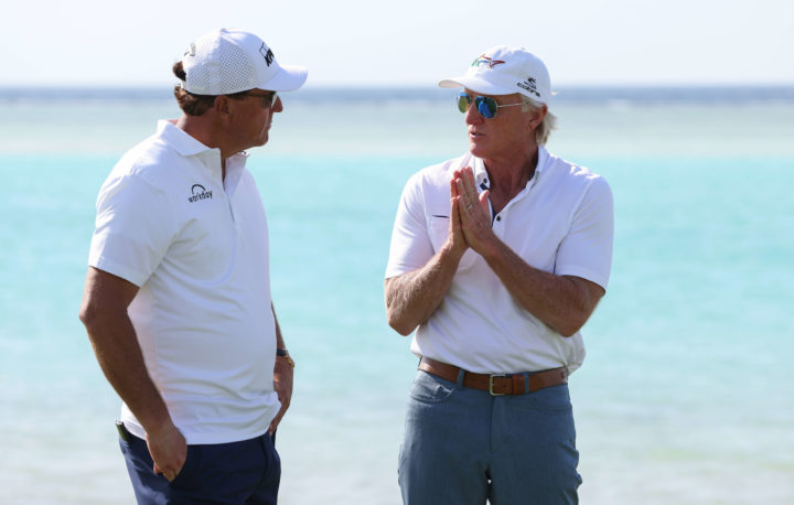 AL MUROOJ, SAUDI ARABIA - FEBRUARY 02: Phil Mickelson of USA and Greg Norman, CEO of Liv Golf Investments interact during a practice round prior to the PIF Saudi International at Royal Greens Golf & Country Club on February 02, 2022 in Al Murooj, Saudi Arabia. (Photo by Luke Walker/WME IMG/WME IMG via Getty Images)