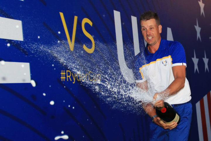 PARIS, FRANCE - SEPTEMBER 30: Henrik Stenson of Europe sprays champagne as he celebrates after winning The Ryder Cup following the singles matches of the 2018 Ryder Cup at Le Golf National on September 30, 2018 in Paris, France. (Photo by Andrew Redington/Getty Images)