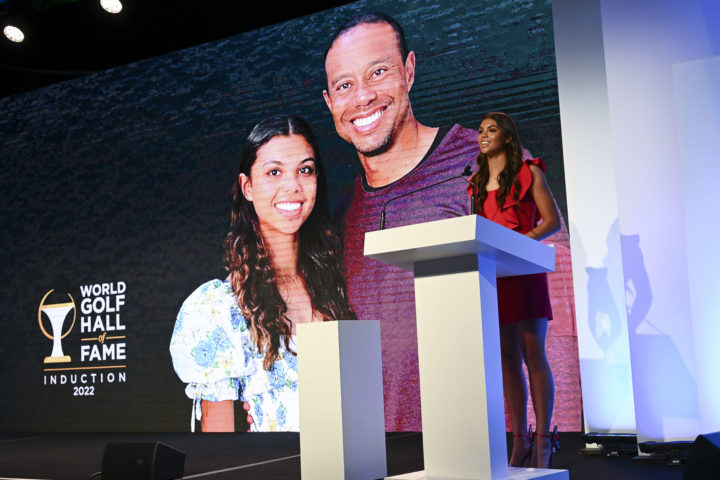 PONTE VEDRA BEACH, FL - MARCH 09: Sam Woods introduces her father and World Golf Hall of Fame inductee, Tiger Woods, during the World Golf Hall of Fame Induction Ceremony prior to THE PLAYERS Championship at PGA TOUR Global Home on March 9, 2022, in Ponte Vedra Beach, FL. (Photo by Chris Condon/PGA TOUR via Getty Images)