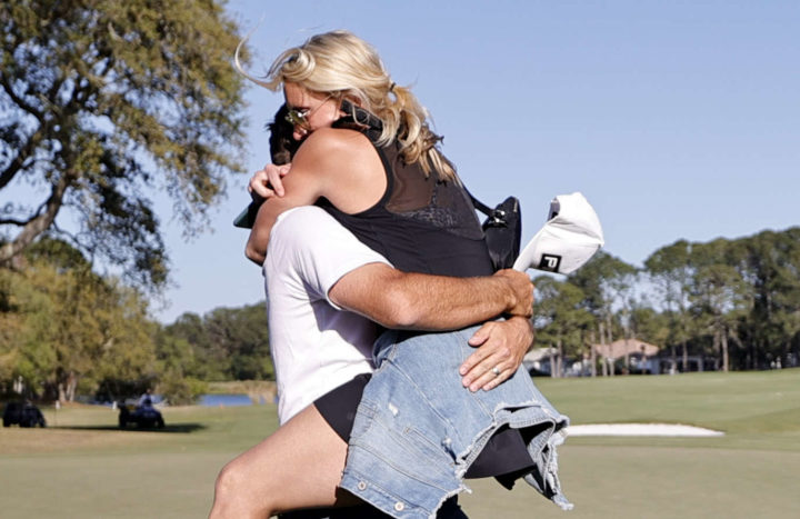 DESTIN, FLORIDA - APRIL 04: Stephan Jaeger of Germany celebrates with his wife Shelby Jaeger after winning the Emerald Coast Classic at Sandestin Resort Raven Golf Course on April 04, 2021 in Destin, Florida. (Photo by Douglas P. DeFelice/Getty Images)