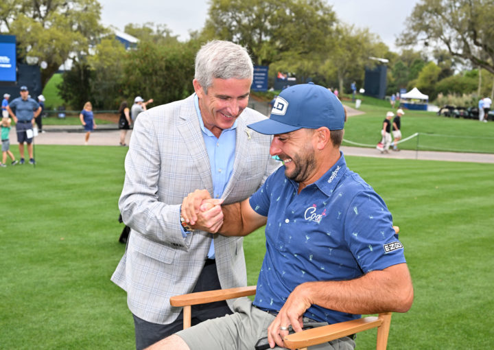 PONTE VEDRA BEACH, FL - MARCH 09: Stephan Jaeger of Germany meets the PGA TOUR Commissioner, Jay Monahan while chatting with the media during the First Timers Press Conference prior to THE PLAYERS Championship on THE PLAYERS Stadium Course at TPC Sawgrass on March 9, 2022, in Ponte Vedra Beach, FL. (Photo by Ben Jared/PGA TOUR via Getty Images)