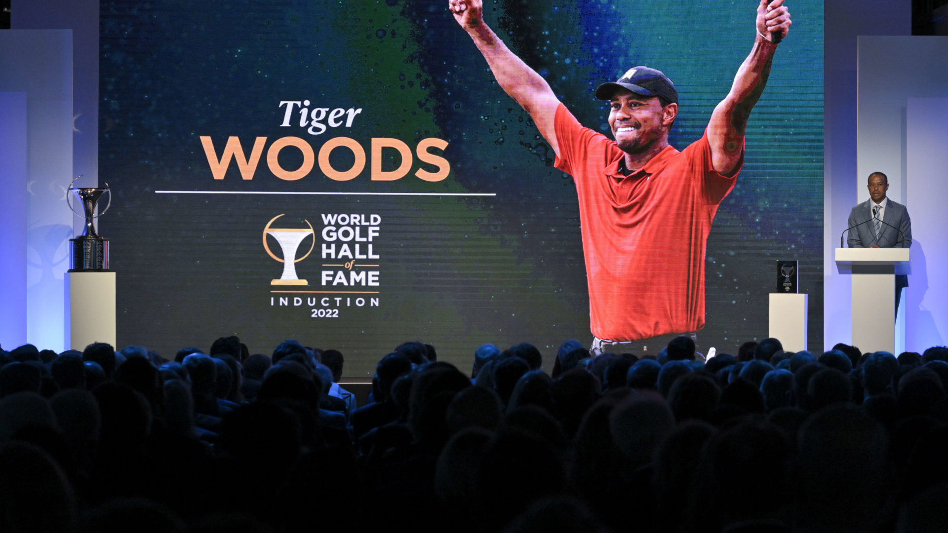 PONTE VEDRA BEACH, FL - MARCH 09: Tiger Woods speaks after being inducte during the World Golf Hall of Fame Induction Ceremony prior to THE PLAYERS Championship at PGA TOUR Global Home on March 9, 2022, in Ponte Vedra Beach, FL. (Photo by Ben Jared/PGA TOUR via Getty Images)