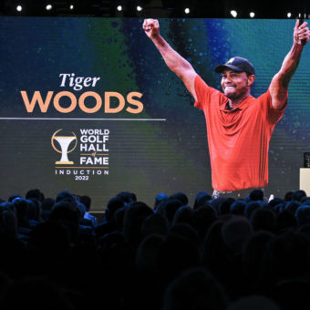 PONTE VEDRA BEACH, FL - MARCH 09: Tiger Woods speaks after being inducte during the World Golf Hall of Fame Induction Ceremony prior to THE PLAYERS Championship at PGA TOUR Global Home on March 9, 2022, in Ponte Vedra Beach, FL. (Photo by Ben Jared/PGA TOUR via Getty Images)