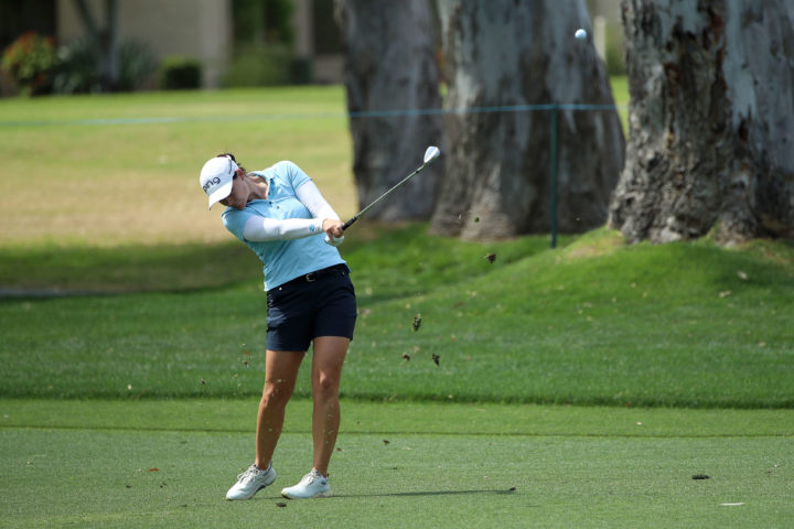 RANCHO MIRAGE, CALIFORNIA - APRIL 03: Caroline Masson of Germany hits from the fairway on the ninth hole during the final round of The Chevron Championship at The Westin Mission Hills Golf Resort & Spa on April 03, 2022 in Rancho Mirage, California. (Photo by Katelyn Mulcahy/Getty Images)