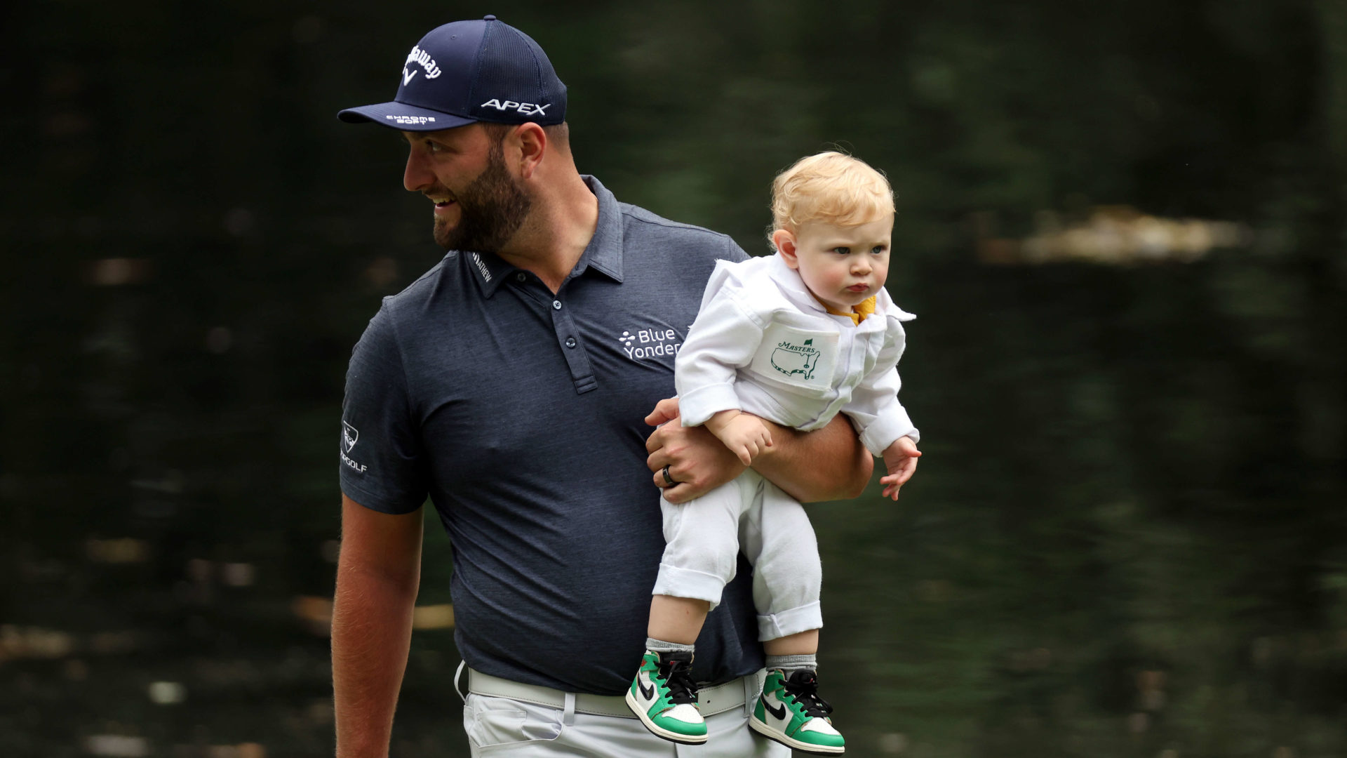 AUGUSTA, GEORGIA - APRIL 06: Jon Rahm of Spain and his son Kepa Rahm during the Par Three Contest prior to the Masters at Augusta National Golf Club on April 06, 2022 in Augusta, Georgia. (Photo by Gregory Shamus/Getty Images)