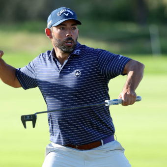 TARRAGONA, SPAIN - APRIL 24: Pablo Larrazabal of Spain celebrates a birdie at the 16th hole during Day Four of the ISPS Handa Championship at Lakes Course, Infinitum on April 24, 2022 in Tarragona, Spain. tour news (Photo by Andrew Redington/Getty Images)