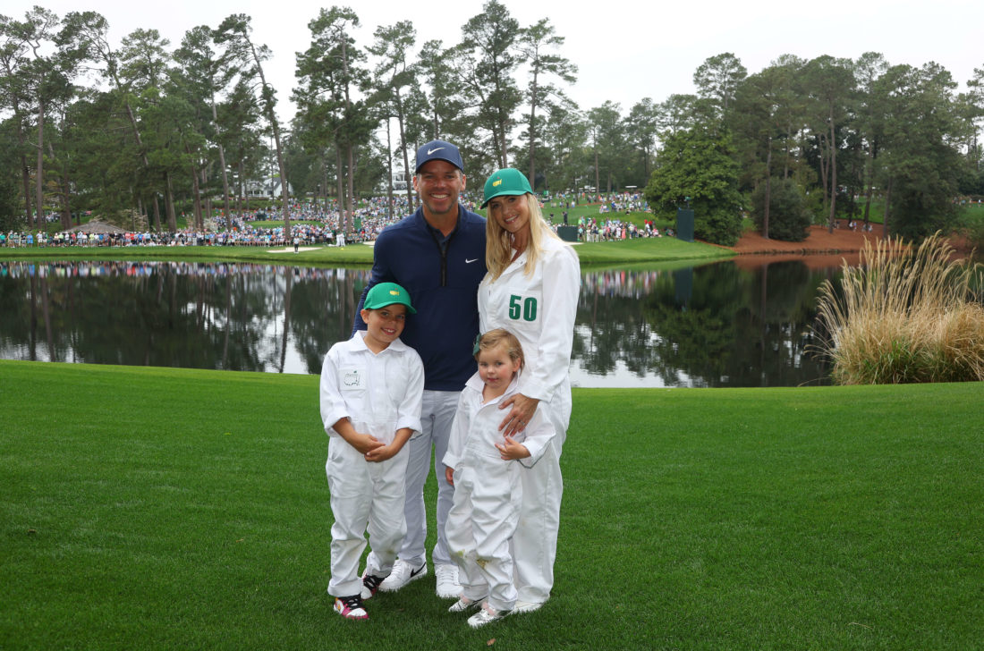 AUGUSTA, GEORGIA - APRIL 06: Paul Casey of England, wife Pollyanna Woodward and children Lex and Astaria during the Par Three Contest prior to the Masters at Augusta National Golf Club on April 06, 2022 in Augusta, Georgia. (Photo by Andrew Redington/Getty Images)