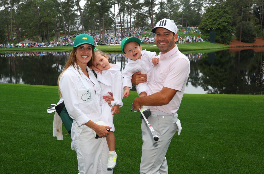 AUGUSTA, GEORGIA - APRIL 06: Sergio Garcia of Spain, wife Angela Garcia and their daughter Azalea Garcia son Enzo Garcia during the Par Three Contest prior to the Masters at Augusta National Golf Club on April 06, 2022 in Augusta, Georgia. (Photo by Andrew Redington/Getty Images)