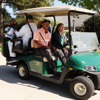 AUGUSTA, GEORGIA - APRIL 03: Tiger Woods of the United States departs the practice area prior to the Masters at Augusta National Golf Club on April 03, 2022 in Augusta, tour news Georgia. (Photo by Gregory Shamus/Getty Images)