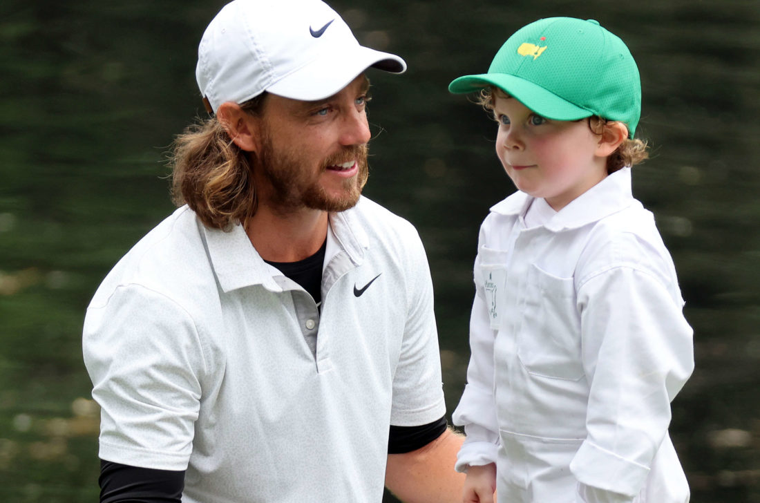 AUGUSTA, GEORGIA - APRIL 06: Tommy Fleetwood of England and son Franklin Fleetwood during the Par Three Contest prior to the Masters at Augusta National Golf Club on April 06, 2022 in Augusta, Georgia. (Photo by Gregory Shamus/Getty Images)