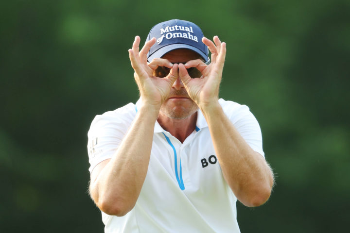 TULSA, OKLAHOMA - MAY 19: Henrik Stenson of Sweden reacts on the on the seventh hole during the first round of the 2022 PGA Championship at Southern Hills Country Club on May 19, 2022 in Tulsa, Oklahoma. (Photo by Andrew Redington/Getty Images)