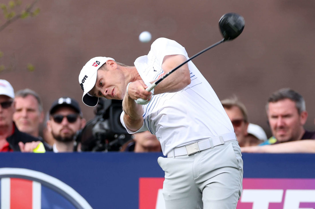 SUTTON COLDFIELD, ENGLAND - MAY 08: Hurly Long of Germany tees off on the 18th hole during the final round of the Betfred British Masters hosted by Danny Willett at The Belfry on May 08, 2022 in Sutton Coldfield, England. tour news (Photo by Richard Heathcote/Getty Images)