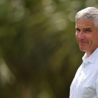 HILTON HEAD ISLAND, SOUTH CAROLINA - APRIL 13: PGA TOUR Commissioner Jay Monahan walks the sixth green during a pro-am prior to the RBC Heritage at Harbor Town Golf Links on April 13, 2022 in Hilton Head Island, South Carolina. (Photo by Kevin C. Cox/Getty Images)