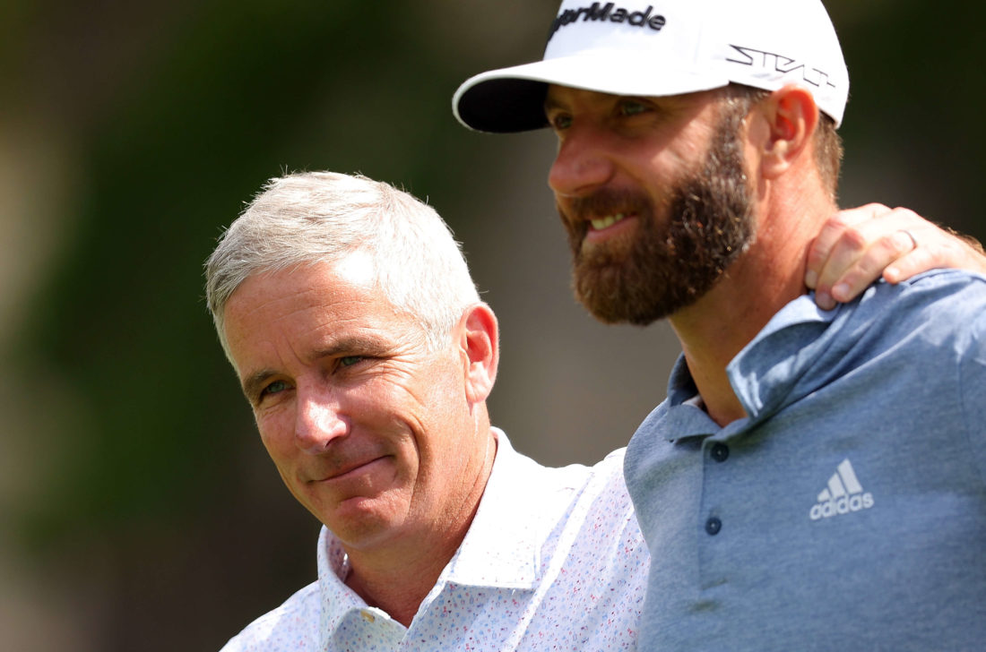 HILTON HEAD ISLAND, SOUTH CAROLINA - APRIL 13: PGA TOUR Commissioner Jay Monahan converses with Dustin Johnson on the seventh tee during a pro-am prior to the RBC Heritage at Harbor Town Golf Links on April 13, 2022 in Hilton Head Island, South Carolina. (Photo by Kevin C. Cox/Getty Images)