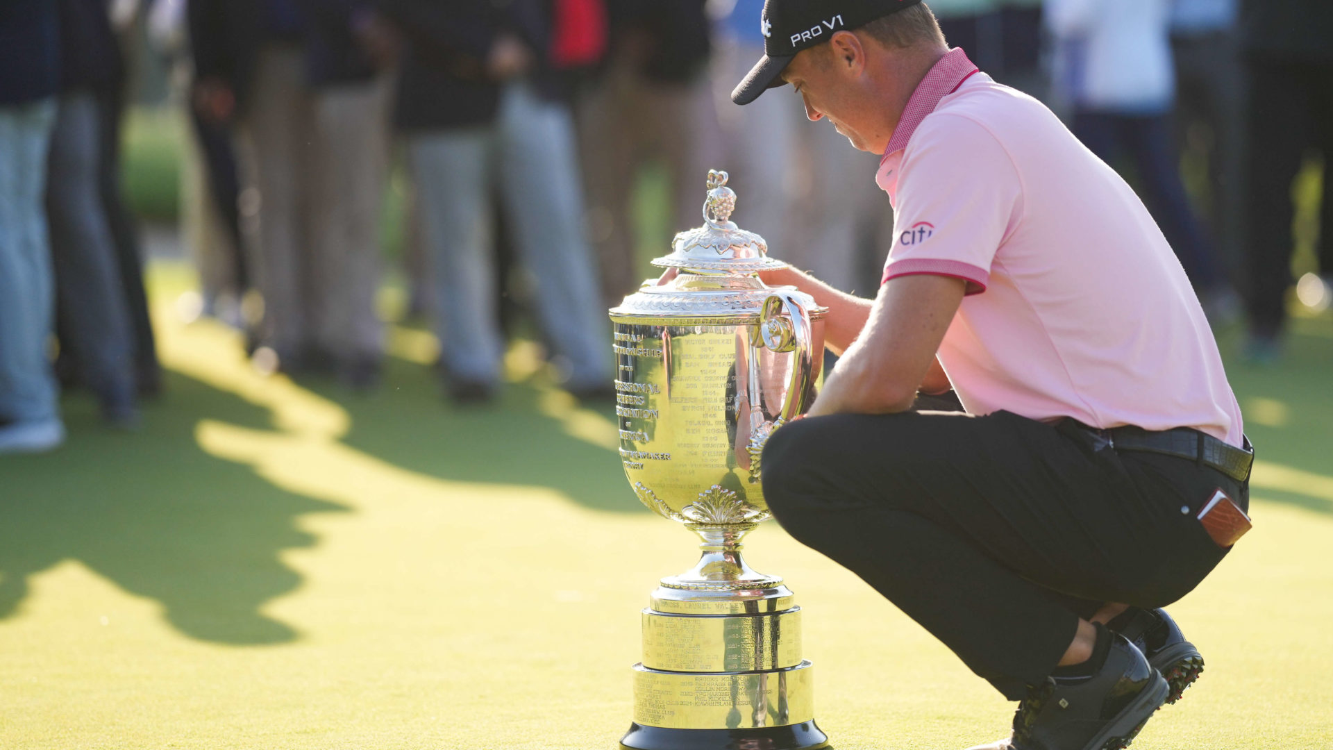 TULSA, OK - MAY 22: tour news Justin Thomas poses with the Wanamaker trophy after the final round of the 2022 PGA Championship at the Southern Hills on May 22, 2022 in Tulsa, Oklahoma. (Photo by Darren Carroll/PGA of America)