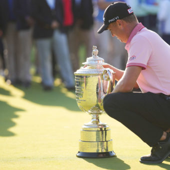 TULSA, OK - MAY 22: tour news Justin Thomas poses with the Wanamaker trophy after the final round of the 2022 PGA Championship at the Southern Hills on May 22, 2022 in Tulsa, Oklahoma. (Photo by Darren Carroll/PGA of America)