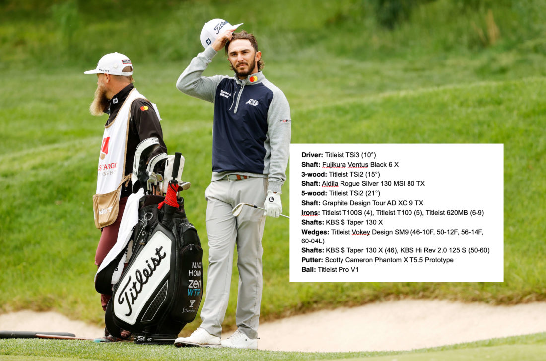 POTOMAC, MARYLAND - MAY 08: Max Homa of the United States and caddie Joe Greiner look on during the final round of the Wells Fargo Championship at TPC Potomac at Avenel Farm on May 08, 2022 in Potomac, Maryland. tour news (Photo by Tim Nwachukwu/Getty Images)