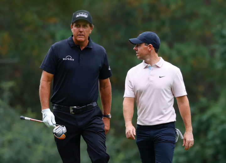 Masters champion Phil Mickelson and Rory McIlroy of Northern Ireland walk together on No. 15 during Practice Round 3 for the Masters at Augusta National Golf Club, Tuesday, November 10, 2020. (Photo by Augusta National via Getty Images)