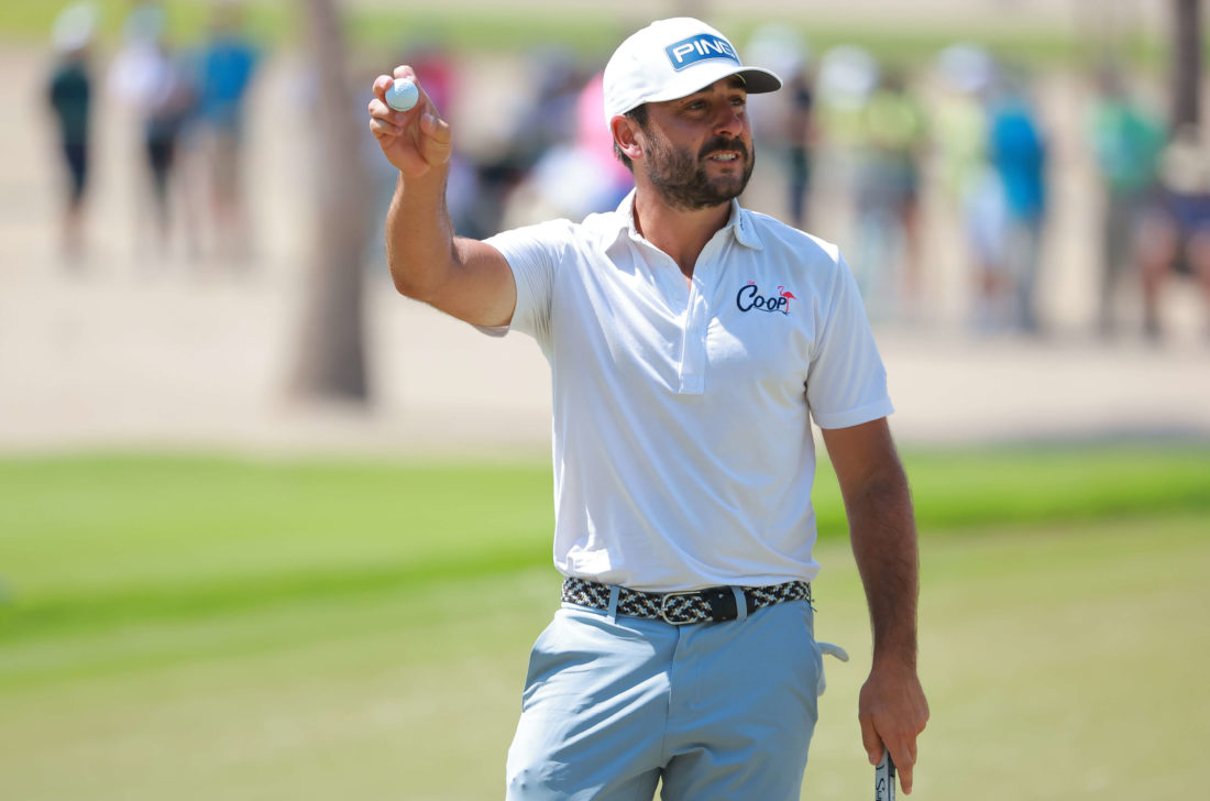 PUERTO VALLARTA, MEXICO - tour news MAY 01: Stephan Jaeger of United States reacts after putting on the 18th hole during the final round of the Mexico Open at Vidanta on May 01, 2022 in Puerto Vallarta, Jalisco. (Photo by Hector Vivas/Getty Images)