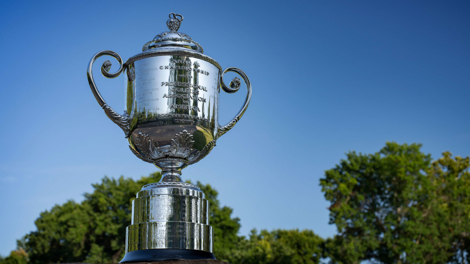 TULSA, OKLAHOMA - AUGUST 10: A view of the Wanamaker trophy at Southern Hills Country Club on August 10, 2021 in Tulsa, Oklahoma. (Photo by Gary Kellner/PGA of America)