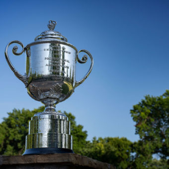 TULSA, OKLAHOMA - AUGUST 10: A view of the Wanamaker trophy at Southern Hills Country Club on August 10, 2021 in Tulsa, Oklahoma. (Photo by Gary Kellner/PGA of America)