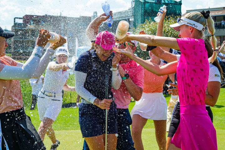 26/06/2022. tour news Ladies European Tour 2022. Tipsport Czech Ladies Open, Beroun Golf Club, Prague, Czechia June 24-26 2022. Jana Melichova of the Czech Republic is showered with champagne by players and caddies. Credit: Tristan Jones/LET