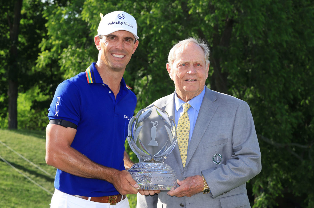 DUBLIN, OHIO - JUNE 05: Billy Horschel of the United States poses with Jack Nicklaus and the trophy after winning the Memorial Tournament presented by Workday at Muirfield Village Golf Club on June 05, 2022 in Dublin, Ohio. (Photo by Sam Greenwood/Getty Images)