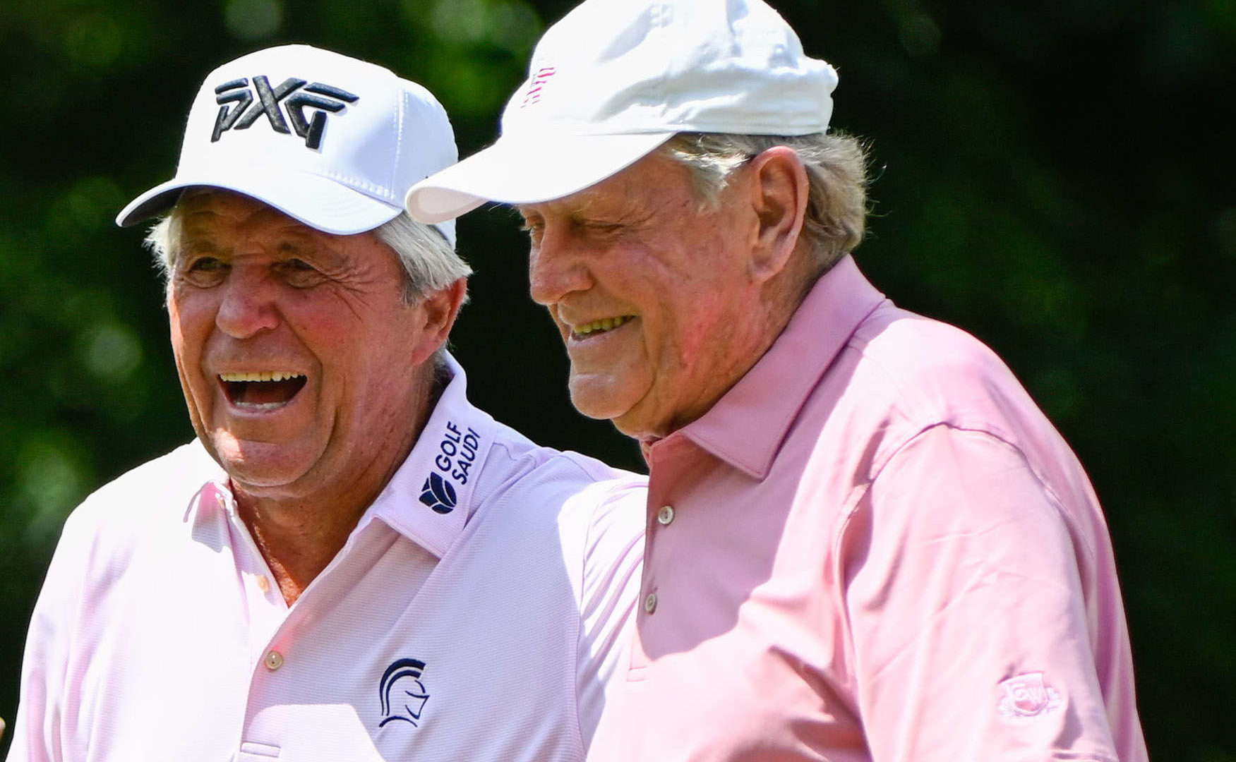 THE WOODLANDS, TX - APRIL 30: Gary Player celebrates with Jack Nicklaus after sinking his birdie putt on 10 during the 3M Greats of Golf during Rd2 of the Insperity Invitational at The Woodlands Country Club on April 30, 2022 in The Woodlands, TX (Photo by Ken Murray/Icon Sportswire)