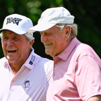 THE WOODLANDS, TX - APRIL 30: Gary Player celebrates with Jack Nicklaus after sinking his birdie putt on 10 during the 3M Greats of Golf during Rd2 of the Insperity Invitational at The Woodlands Country Club on April 30, 2022 in The Woodlands, TX (Photo by Ken Murray/Icon Sportswire)