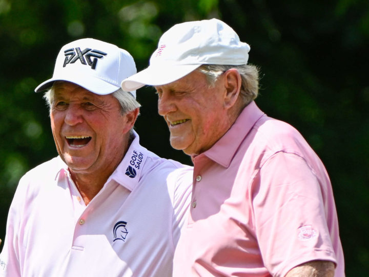 THE WOODLANDS, TX - APRIL 30: Gary Player celebrates with Jack Nicklaus after sinking his birdie putt on 10 during the 3M Greats of Golf during Rd2 of the Insperity Invitational at The Woodlands Country Club on April 30, 2022 in The Woodlands, TX (Photo by Ken Murray/Icon Sportswire)