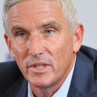 CROMWELL, CONNECTICUT - JUNE 22: PGA Tour Commissioner Jay Monahan addresses the media during a press conference prior to the Travelers Championship at TPC River Highlands on June 22, 2022 in Cromwell, Connecticut. (Photo by Michael Reaves/Getty Images)