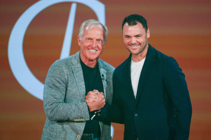 LONDON, ENGLAND - JUNE 07: Greg Norman poses for a photograph with Martin Kaymer of Germany during the LIV Golf Invitational - London Draft on June 07, 2022 in London, England. (Photo by Aitor Alcalde/LIV Golf/Getty Images)