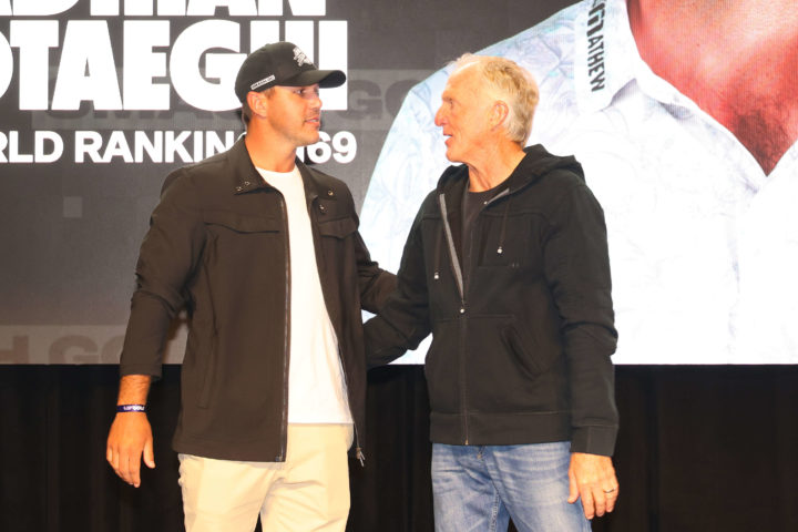 PORTLAND, OREGON - JUNE 28: Team Captain Brooks Koepka of Smash GC and Greg Norman, CEO and commissioner of LIV Golf, during the LIV Golf Invitational - Portland Welcome Party at Redd on June 28, 2022 in Portland, Oregon. (Photo by Chris Trotman/LIV Golf via Getty Images)