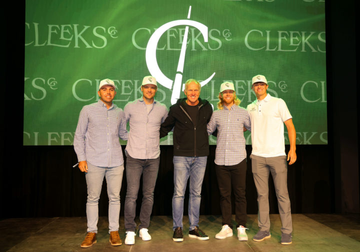 PORTLAND, OREGON - JUNE 28: Ian Snyman, team Captain Martin Kaymer, Greg Norman, CEO and commissioner of LIV Golf, Scott Vincent and Turk Pettit of Cleeks GC smile during the LIV Golf Invitational - Portland Welcome Party at Redd on June 28, 2022 in Portland, Oregon. (Photo by Chris Trotman/LIV Golf via Getty Images)