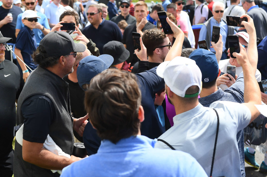 ST ALBANS, ENGLAND - JUNE 11: Phil Mickelson of Hy Flyers GC smiles for a photograph with fans during day three of LIV Golf Invitational - London at The Centurion Club on June 11, 2022 in St Albans, England. liv golf (Photo by Joe Maher/LIV Golf/Getty Images)