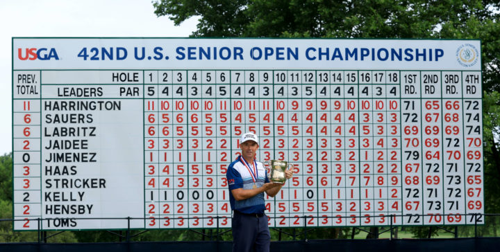 BETHLEHEM, PENNSYLVANIA - JUNE 26: Padraig Harrington of Ireland poses with the trophy after winning the U.S. Senior Open Championship at Saucon Valley Country Club on June 26, 2022 in Bethlehem, Pennsylvania. (Photo by Sam Greenwood/Getty Images)