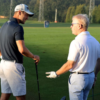 VIRGINIA WATER, ENGLAND - SEPTEMBER 08: Martin Kaymer of Germany interacts with Keith Pelley, CEO of the European Tour during Previews ahead of The BMW PGA Championship at Wentworth Golf Club on September 08, 2021 in Virginia Water, England. (Photo by Warren Little/Getty Images)