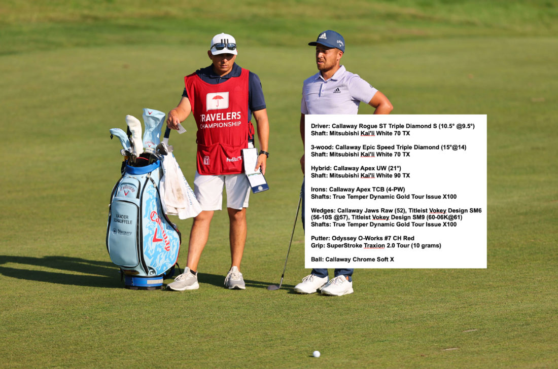 CROMWELL, CONNECTICUT - JUNE 26: Xander Schauffele of the United States prepares to play his shot on the 18th hole during the final round of Travelers Championship at TPC River Highlands on June 26, 2022 in Cromwell, Connecticut. (Photo by Michael Reaves/Getty Images)