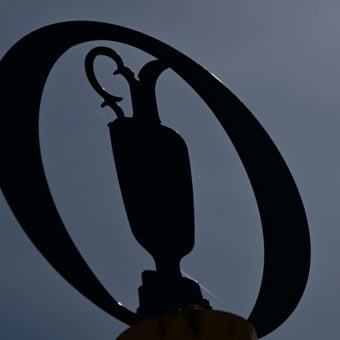 ST ANDREWS, SCOTLAND - JULY 11: A detail view of the Claret Jug logo on course during a practice round prior to The 150th Open at St Andrews Old Course on July 11, 2022 in St Andrews, Scotland. (Photo by Stuart Franklin/R&A/R&A via Getty Images)
