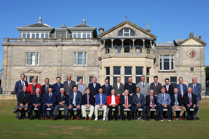 ST ANDREWS, SCOTLAND - JULY 12: Former Open Champions pose for a photo with Peter Forster, Captain of The Royal and Ancient Golf Club of St Andrews outside The R&A Clubhouse prior to The 150th Open at St Andrews Old Course on July 12, 2022 in St Andrews, Scotland. (Photo by Richard Heathcote/R&A/R&A via Getty Images)