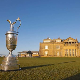 ST ANDREWS, SCOTLAND - APRIL 27: The Claret Jug sits on the first tee of The Old Course in front of the R&A Clubhouse at St Andrews on April 27, 2022 in St Andrews, Scotland. The 150th Open Championship will take place on The Old Course at St Andrews between the 14th and 17th July. (Photo by Richard Heathcote/R&A/R&A via Getty Images)