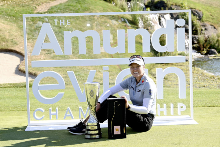 EVIAN-LES-BAINS, FRANCE - JULY 24: Brooke M. Henderson of Canada poses trophy after winning the The Amundi Evian Championship during day four of The Amundi Evian Championship at Evian Resort Golf Club on July 24, 2022 in Evian-les-Bains, France. tour news (Photo by Stuart Franklin/Getty Images)