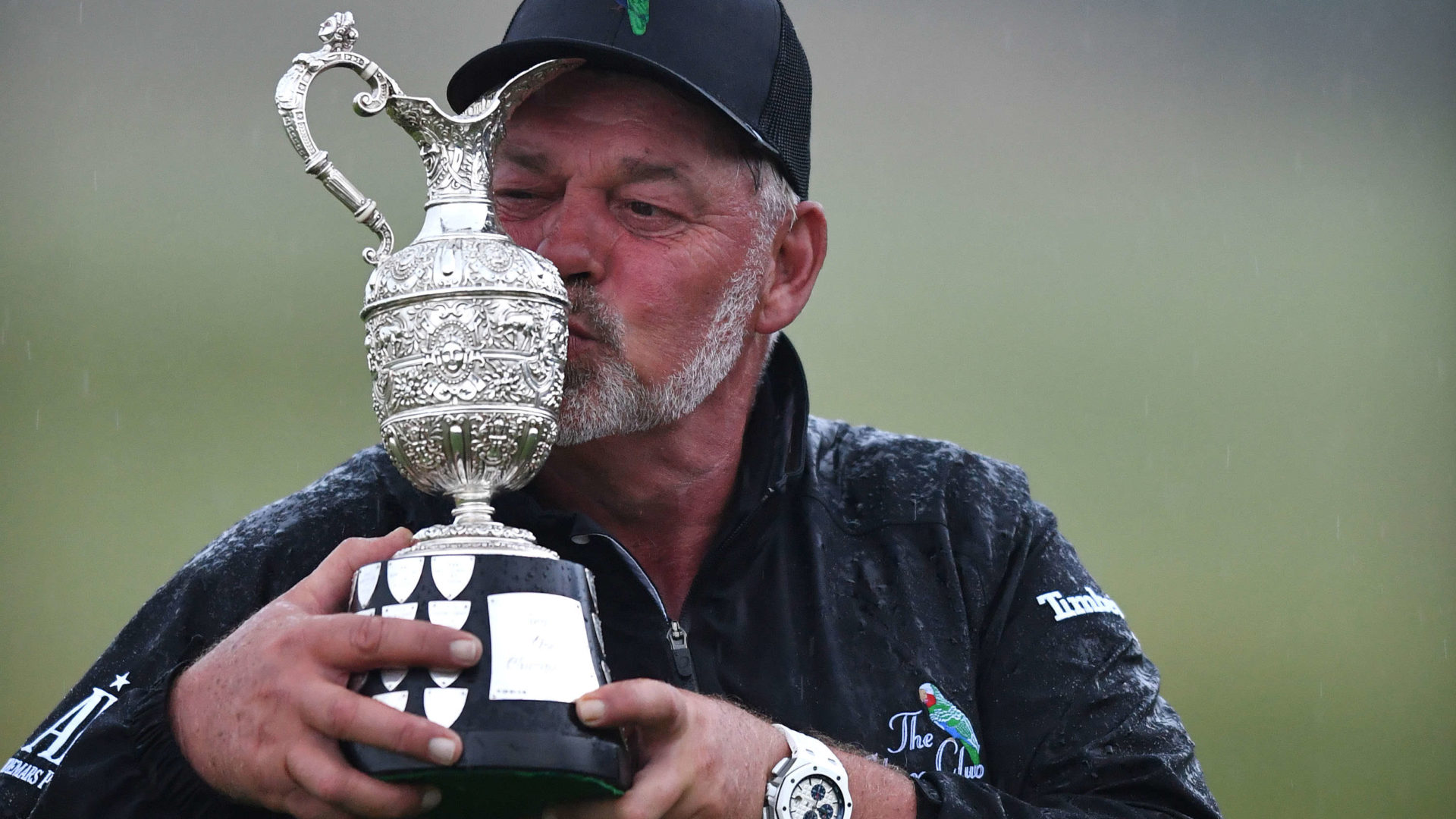 AUCHTERADER, SCOTLAND - JULY 24: Darren Clarke of Northern Ireland poses with the trophy as he wins the Senior Open Presented by Rolex at The King's Course at Gleneagles on July 24, 2022 in Auchterarder, United Kingdom. tour news (Photo by Mark Runnacles/Getty Images)