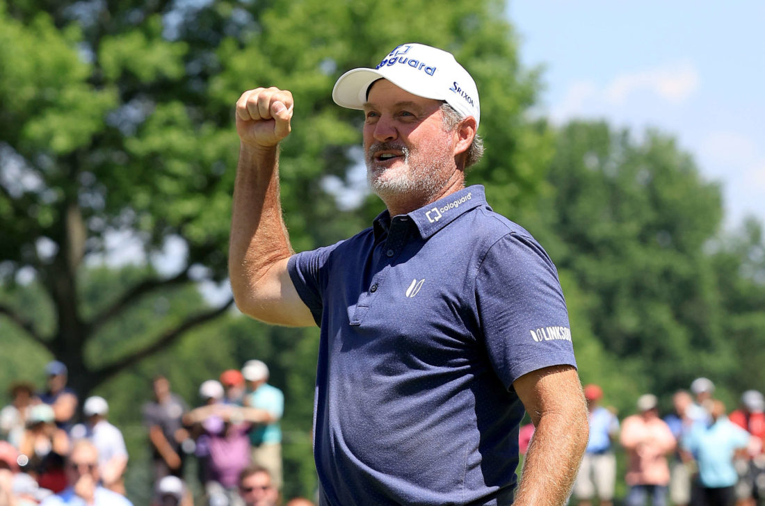 AKRON, OHIO - JULY 10: Jerry Kelly celebrates on the 18th hole following a victory at the Bridgestone SENIOR PLAYERS Championship at Firestone Country Club on July 10, 2022 in Akron, Ohio.tour news (Photo by Sam Greenwood/Getty Images)
