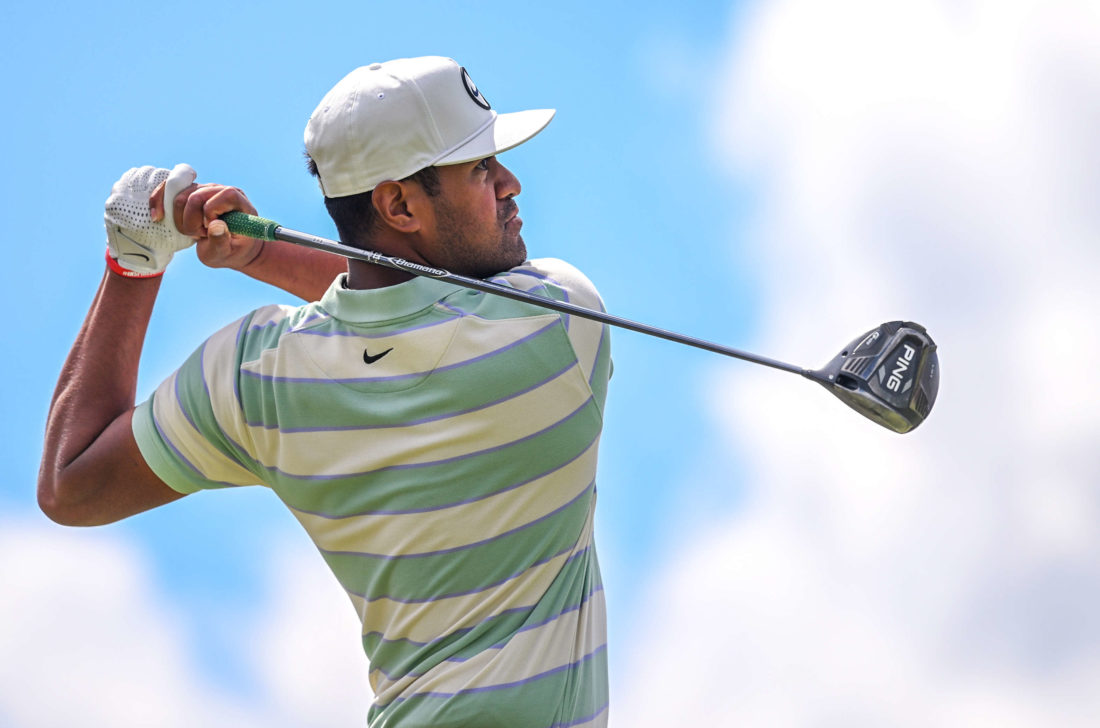 BLAINE, MN - JULY 24: Tony Finau hits a tee shot on the 1st hole during the final round of the 3M Open at TPC Twin Cities on July 24, 2022 in Blaine, Minnesota(Photo by Nick Wosika/Icon Sportswire via Getty Images)
