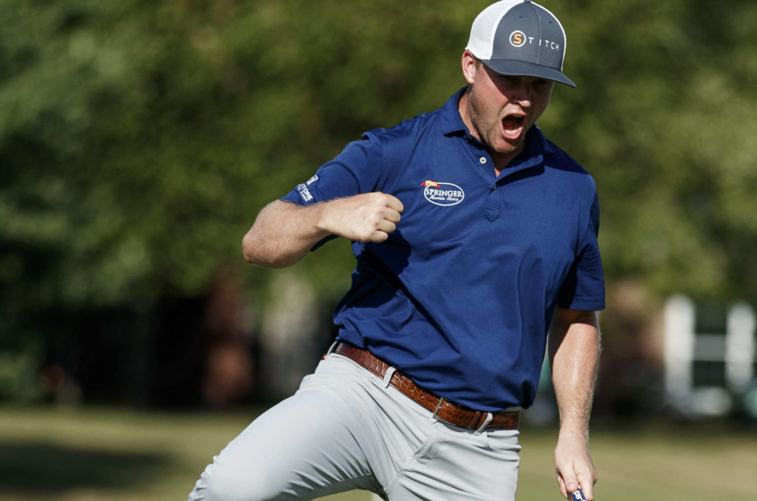 NICHOLASVILLE, KENTUCKY - JULY 10: Trey Mullinax celebrates after making his match winning putt on the 18th green during the Barbasol Championship at Keene Trace Golf Club on July 10, 2022 in Nicholasville, Kentucky. tour news (Photo by Chet White/R&A/R&A via Getty Images)