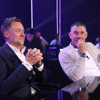 LONDON, ENGLAND - JUNE 07: Ian Poulter and Lee Westwood of England look on during the LIV Golf Invitational - London Draft on June 07, 2022 in London, England. (Photo by Tristan Fewings/LIV Golf/Getty Images)